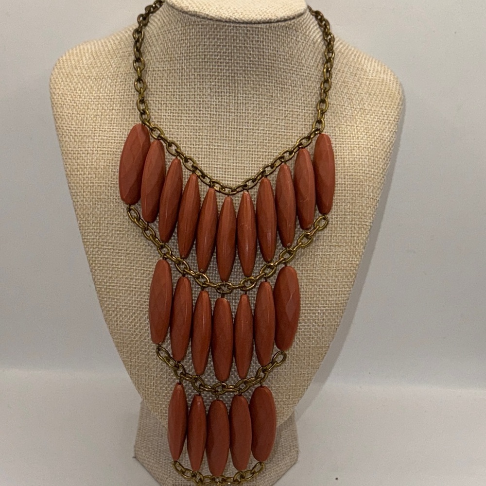 Anthropologie David Aubrey Elegant Coral Necklace with antique look Gold Chain